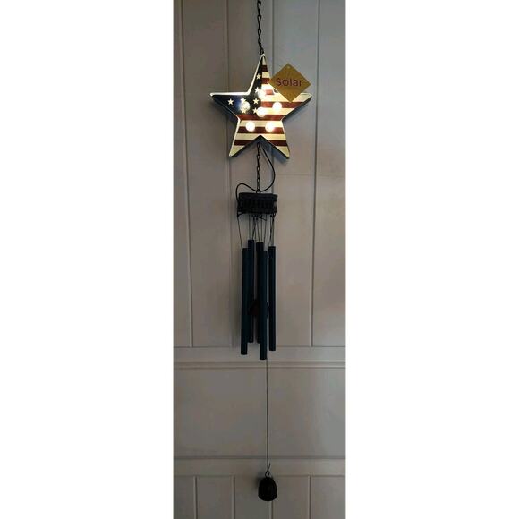 Outdoor Patriotic Solar LED Lighted Wind Chime Bells American Flag Holiday Decor - Picture 1 of 7